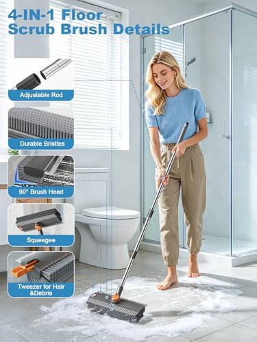 Floor Scrub Brush with Long Handle, 4 in 1 Shower Scrubber with Floor Squeegee and Heavy-Duty Stiff Bristle Push Broom for Cleaning Shower Bathroom Patio Pool Kitchen Wall Deck Tile Garage - Image 3