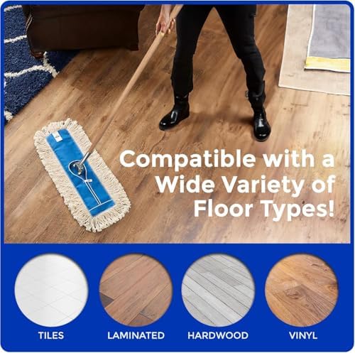 Nine Forty 48" Premium Cotton Dust Mop Kit - Heavy Duty Mop Head with Wood Handle for Industrial, Commercial, and Residential Cleaning - Dry Floor Duster for Hardwood Surfaces - White - Image 3