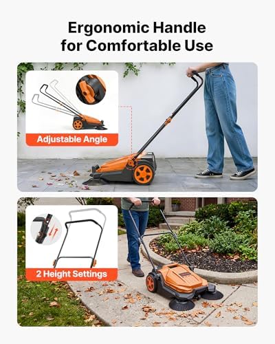 VEVOR Walk-Behind Hand Push Floor Sweeper, Manual Floor Sweeper Non-Electric with 25.6" Sweeping Width, 5 Gallons Waste Container & Adjustable Folding Handle for Yards Walkways Patios Garages - Orange - Image 6