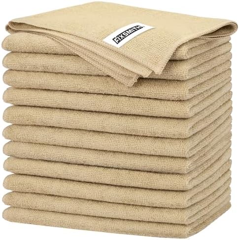 FIXSMITH Beige Microfiber Cleaning Cloth -Pack of 12, Highly Absorbent Cleaning Rags, 16"X12" All Purpose Cleaning Towels for Housekeeping, Kitchen, Car, Lint Free and Reusable Microfiber Towels by FIXSMITH