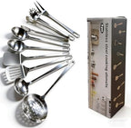 9 Pcs Cooking Utensils Set, Stainless Steel Kitchen Utensils, Heat Resistant Metal Kitchen Tools Include Solid & Slotted Turner Wok Spatula, Serving Spoon, Ladle, Pasta Server, Meat Fork, Tongs Silver by Unknown