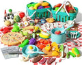 150Pcs Kitchen Playset, Toddlers Pretend Cooking Cookware Accessories, Food, Picnic Blanket, Fruits, Veges, 2Pack Shopping Storage Basket, Dessert and Prop Money, Gift for Kids (Turquoise) by JOKERKING