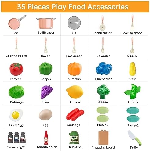 35Pcs Kids Kitchen Toy Accessories, Toddler Pretend Cooking Playset with Play Pots, Pans, Utensils, Cookware, Play Food Set, Toy Vegetables, Learning Gift for Girls & Boys (Pink) - Image 3