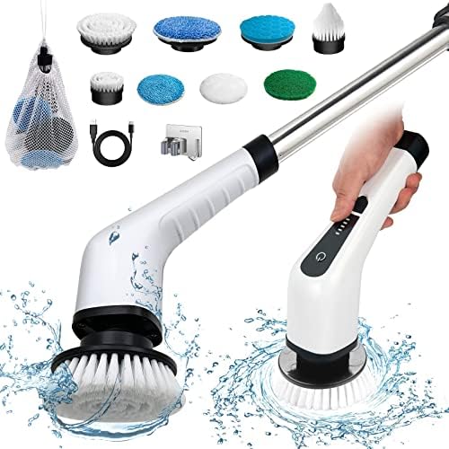 Electric Spin Scrubber, Cordless Bath Tub Power Scrubber with 8 Replaceable Drill Brush Heads, Shower Cleaning Brush with Adjustable Handle for Bathroom, Tile Floor & Car, White, (ANS-8050) by FocusonMakingHouseworkEasy