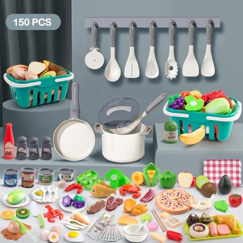150Pcs Kitchen Playset, Toddlers Pretend Cooking Cookware Accessories, Food, Picnic Blanket, Fruits, Veges, 2Pack Shopping Storage Basket, Dessert and Prop Money, Gift for Kids (White) - Image 2