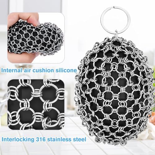 Cast Iron Scrubber Chainmail Set – 316 Stainless Steel Dish Scrub Brush for Cast Iron Skillet Pan Cleaner, Dutch Oven, Wok & Non-Stick Cookware | Dishwasher Safe – Black Double Ring - Image 3