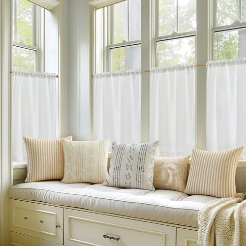 jinchan Kitchen Curtains Linen Tier Curtains 45 Inch Farmhouse Cafe Drapes for Small Window Flax Country Rustic Rod Pocket Bathroom Laundry Room RV Light Filtering 2 Panels White - Image 5
