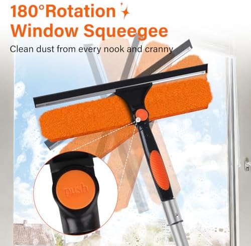 14" Window Squeegee with Extension Pole,26FT Reach High Window Washers for High Outside Windows,Professional Window Cleaning Tool Kit Include Replacement,180°Rotatable Squeegee for Indoor/Outdoor - Image 3
