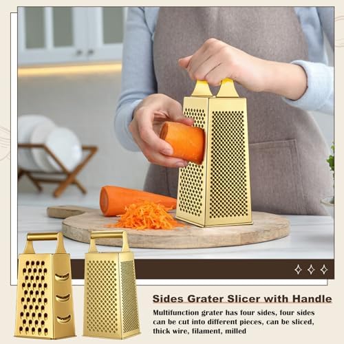 Sawysine 5 Pcs Gold Kitchen Appliances Includes 4 Quart Gold Colander and 2 Pcs Strainer Set, Lemon Squeezer, Stainless Steel 4 Sides Grater Slicer with Handle for Kitchen - Image 6