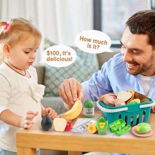 150Pcs Kitchen Playset, Toddlers Pretend Cooking Cookware Accessories, Food, Picnic Blanket, Fruits, Veges, 2Pack Shopping Storage Basket, Dessert and Prop Money, Gift for Kids (Turquoise) - Image 6