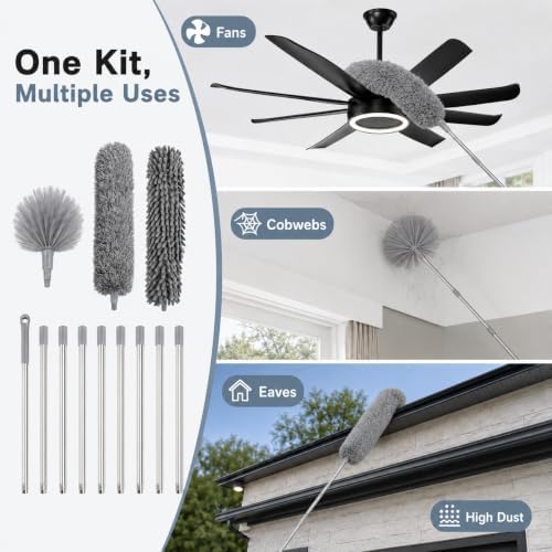 20FT Long Duster for High Ceilings, 3.4-14FT Cobweb Duster with Extension Pole, High Reach Duster Kit with Washable Head for Cleaning Ceiling Fans, Ceilings, Cobwebs - Image 3