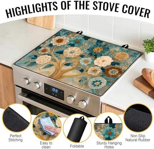 NYZE Stove Top Cover for Electric Stove 28x20 Inch Silicone Stove Topper & Protector, Decorative Kitchen Mat for Electric/Glass Stove Top (Cream & Gold Floral Tree) - Image 2