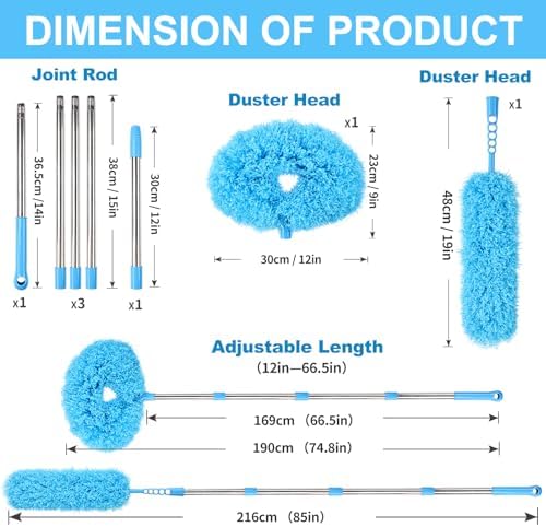 Ceiling Fan Cleaner Duster Reusable Microfiber Removable Duster with Extension Pole Adjusts 12 to 71 Inch for Cleaning Walls Bookshelves Furniture Door Window Top (Blue) - Image 2