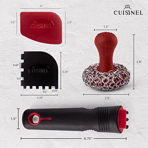 Cuisinel Cast Iron Chain Mail Scrubber + Cleaning Brush + Pan & Grill Scrapers - The Ultimate Skillet and Grill Cleaner Kit - Soft-Touch Confident-Grip Dish Scrub Tool - Silicone/Stainless Accessories - Image 3