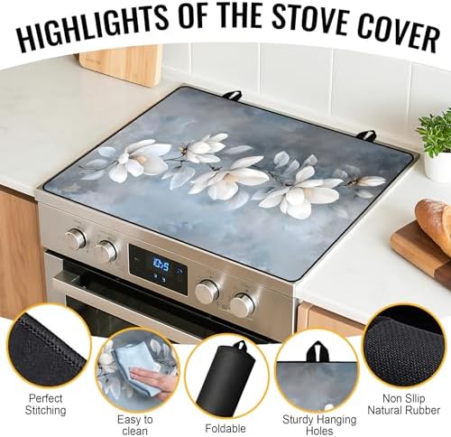 NYZE Stove Top Cover for Electric/Glass Stove, 28x20 Inch Stovetop Cover Flat Top Protector Dish Drying Mat for Kitchen (White Magnolia) - Image 2
