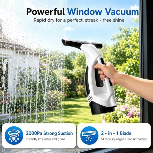 Window Vacuum Squeegee Cordless, 2000Pa Electric Window Cleaner Tool, 150ml Tank, 2200mAh Electric Window Glass Squeegee 280mm Wide Blade, 150ml Tank, Window Cleaning Kit for Glass Mirror Tile Car - Image 5