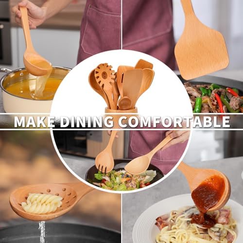 11 PCS WOSPONFAN Kitchen Utensils Set - Wooden Spoons for Cooking, Natural Beech Wood Wooden Utensils - Includes Wooden Spoons, Spatula Set, Slotted Spoon - Handmade Wooden Spoon Set - Image 5