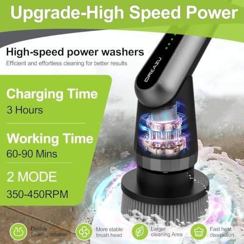 Dreazu Pro Electric Spin Scrubber, 10-in-1 Cleaning Brush with Retractable Handle, 44 lbs High Torque Variable Speed Shower Scrubber for Bathroom, Kitchen, Tile Floors, Bathtub, Toilet & Car - Image 6