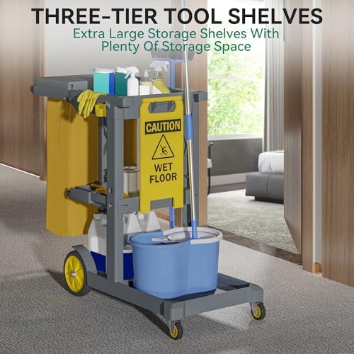 YITAHOME Grey Housekeeping Carts, Janitorial Cleaning Cart on Wheels - Image 6