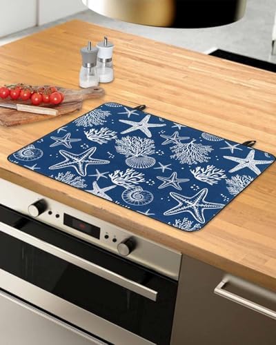 Navy Blue Coastal Stove Top Covers for Electric Stove, Summer Beach Induction Cooktop Cover Protector, Ocean Coral Starfish Conch Range Mat for Glass Top Stove, Kitchen Dish Drying Mat, 24"x21" - Image 3