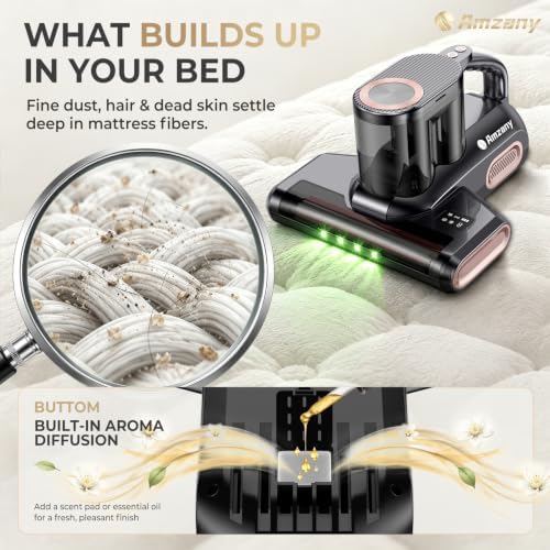 Amzany Cordless Mattress Vacuum Cleaner, 18Kpa Bed Vacuum with 253.7nm UV-C Light & Ultrasonic, 52800 BPM Tapping, 3-Stage HEPA, Green Light Dust Detection for Bed Sofa Couch Crib Pet Hair - Image 5