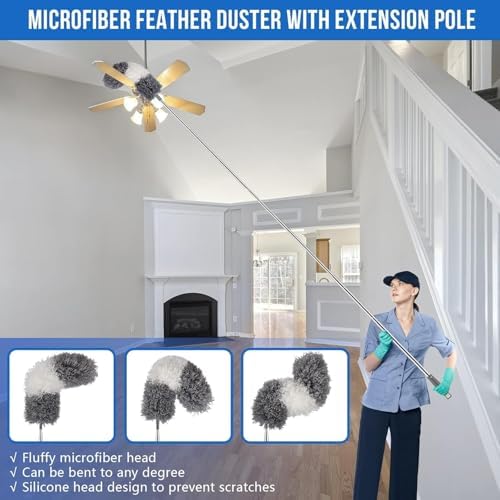 Dusters for Cleaning - 9Pcs Feather Duster Extendable Pole Up to 100'', Microfibre Feather Duster Bendable Washable Long Duster for Cleaning Ceiling Chandelier High Ceiling Furniture - Image 3