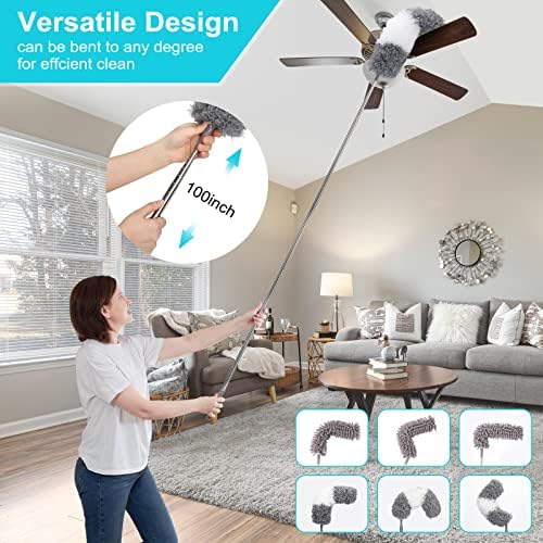 12pcs Microfiber Dusters, Duster with Extension Pole(Stainless Steel) 30 to 100'', Washable Dusters, Bendable Extendable Long Feather Duster for Cleaning Fan, High Ceiling, Blinds, Furniture, Cars - Image 2