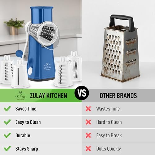 Rotary Cheese Grater Manual Hand Crank 5 Blade Shredder, Blue & White - Image 2