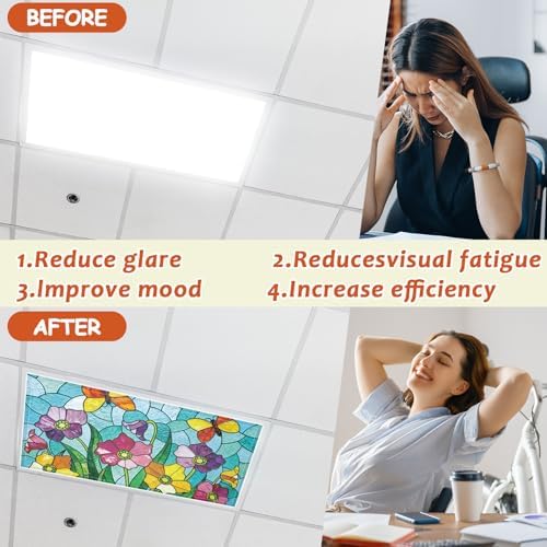 Wiooffen 6 Pcs Fluorescent Light Covers with 60 Magnets Decorative for Classroom Ceiling Light 4 x 2 Feet Magnetic Light Covers Filter Easy Install for Office Hospitals & Home (Stained Glass Floral) - Image 4