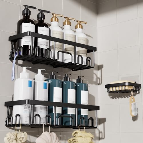 Veken Shower Caddy 3-Pack, Advanced Rustproof Design, No Drilling Adhesive Shelves, Rack with Soap Holder, Large Capacity Bathroom Organizers and Storage, Wall-Mounted Kitchen & Home Decor, Black by Veken