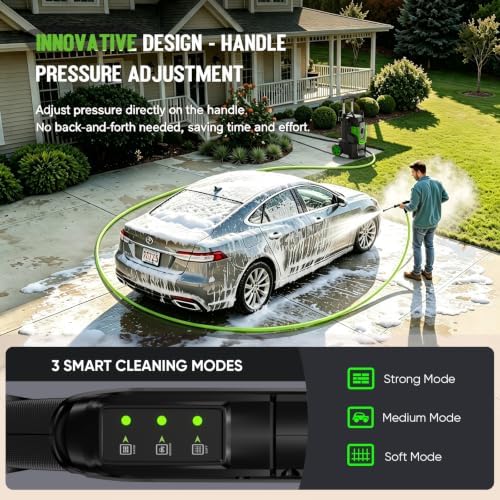 5000PSI Heavy Duty Pressure Washer, 3-Speed Adjustable Power Washer with 2-Stage Pull Rod, 4 Nozzles, 35FT GFCI Cord & 500ml Soap Bottle for Car, Home & Outdoor Cleaning,Green - Image 5