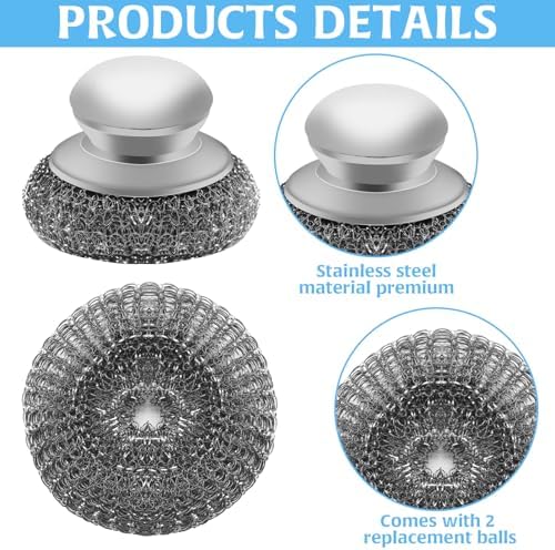 Stainless Steel Wool Scrubber with 2 Replacement Pads - Clean Metal Pans, Pots, Grills & More - Image 2