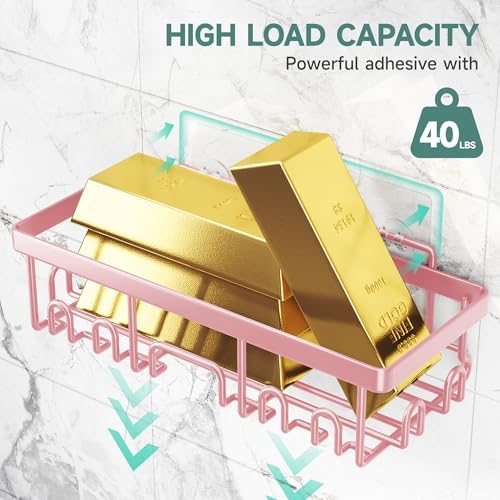 Veken Large Capacity Shower Caddy 6-Pack, No Drilling & Rustproof, Adhesive Shower Shelves with Soap Holder, Bathroom Organizers and Storage, Wall-Mounted Kitchen & Home Decor, Pink - Image 3