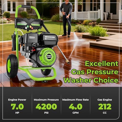 Professional 4200PSI 4GPM 212CC Gas Pressure Washer, 25FT Hose Reel 9" Wheel 1L Foam Bottle 5 Nozzles 7HP Heavy-Duty 3600RPM Commercial Gas Power Washer for Cleaning (EPA/CARB/ETL Compliant), Green - Image 2