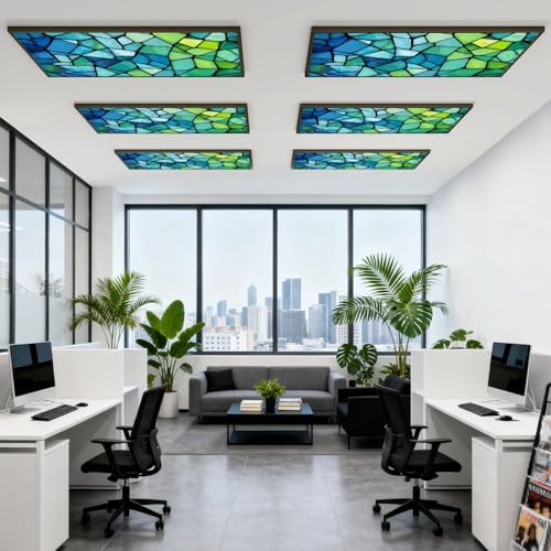 6 Pcs Fluorescent Light Covers for Ceiling Lights abstract stained glass mosaic blue green Magnetic Decorative Shade Filters 4x2 ft for Classroom Office Hospital Decor - Image 6