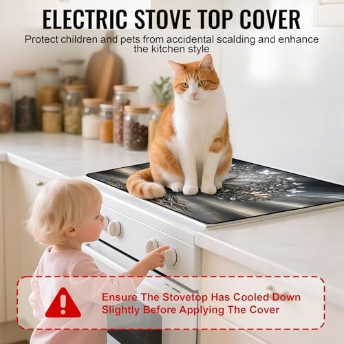 NYZE Extra Counter Space Stove Cover for Glass Top Stoves, 28" x 20" Decorative Silver Tree of Life with Butterflies Cooktop Protector, Durable Heat Resistant Mat Pad for Kitchen Organization - Image 6