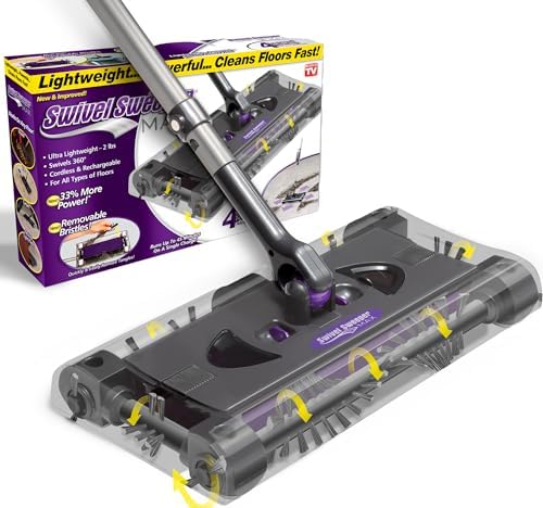 Swivel Sweeper Max - Cordless Electric Floor and Carpet Sweeper with Rotating Brush for Efficient Cleaning, Quad Brush Technology- Purple by Ontel
