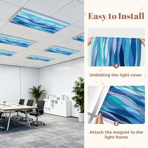 6 Pcs Fluorescent Light Covers for Ceiling Lights Abstract stylized wave sky like stained glass window Magnetic Decorative Shade Filters 4x2 ft for Classroom Office Hospital Decor - Image 7