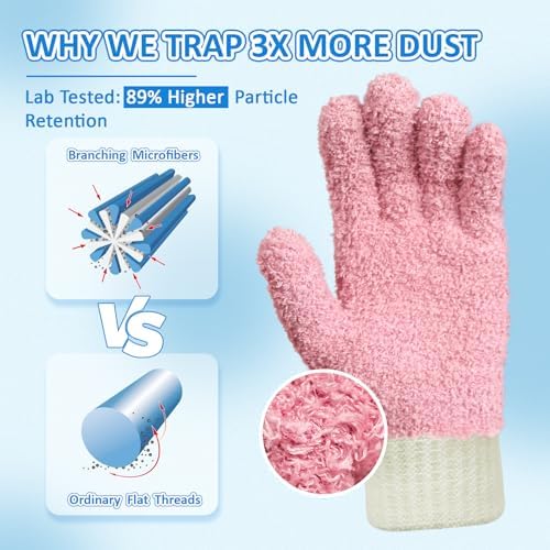 MIG4U Microfiber Dusting Gloves House Cleaning Glove for Blinds, Windows, Shutters, Furniture, and Car, Reusable Lint-Free Pink 2 Pairs S/M - Image 2