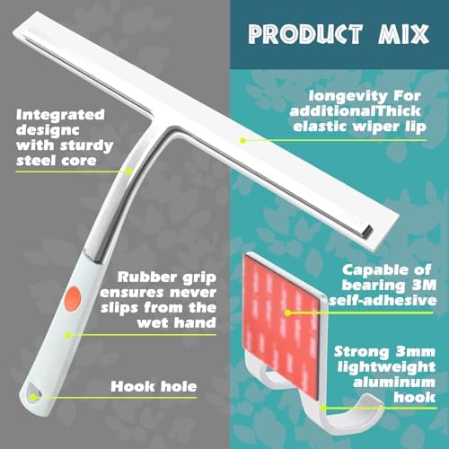 Squeegee for Shower Door 14 Inch Wide Blade, 11 Inch Short Handle One-Piece Silicone with Stainless Steel Core, Non-Slip Grip Window Squeegee for Bathroom Mirror Car Windshield, Aluminum Hook (White) - Image 3