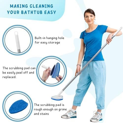Shower Scrubber, Bathroom Tub and Tile Cleaner Brush with Long Handle, 47'' Bathtub Cleaning Tool with 6 Refill Pads - Image 3