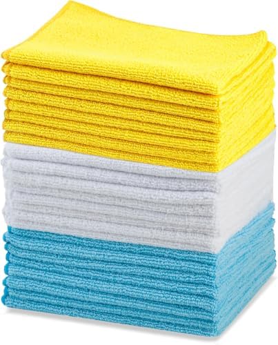 Amazon Basics Microfiber Cleaning Cloths, Ultra Absorbent, Lint Free, Streak Free, Non-Abrasive, Reusable and Washable, 16" x 12", Blue/White/Yellow, (Pack of 288) by AmazonBasics