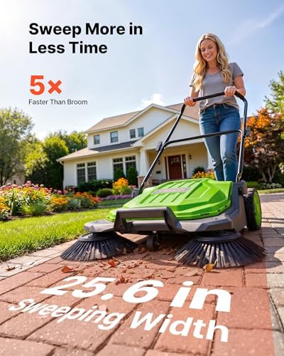 VEVOR Walk-Behind Hand Push Floor Sweeper, Manual Floor Sweeper Non-Electric with 25.6" Sweeping Width, 5 Gallons Waste Container & Adjustable Folding Handle for Yards Walkways Patios Garages - Green - Image 2