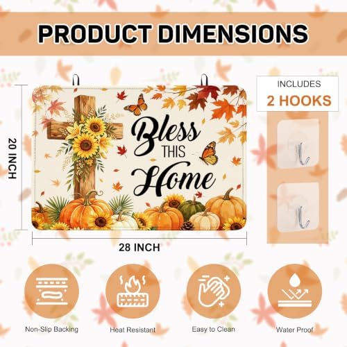Bless This Home Stove Top Cover for Electric Stove 28" x 20", Christian Cross Glass Cooktop Protector, Sunflower Pumpkin Stove Cover, Rubber Countertop Mat, Thanksgiving Farmhouse Kitchen Decor - Image 2