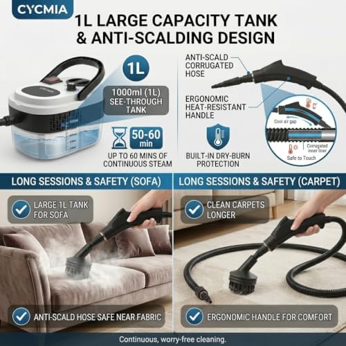 Handheld Steam Cleaner, 6-Level Adjustable Steamer for Cleaning withButtonControl, High Pressure PressurizedPortable SteamCleaning Machine for Home, Kitchen Grease, Car Detailing, Tile, Windows - Image 6