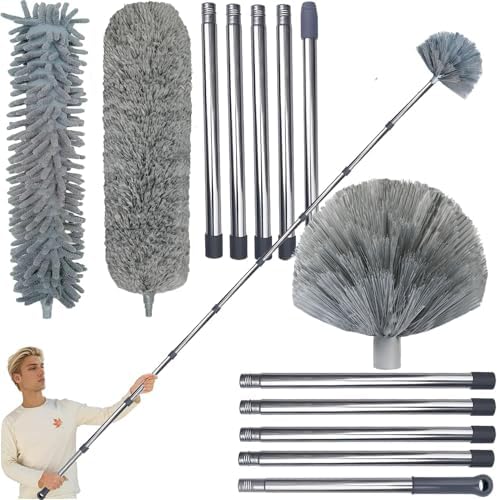 20+ Feet High Reach Duster Kit with 3-14 ft Extension Pole for Cleaning Fan, Spider Web, High Ceiling, Blinds, Furniture, Cars - Cobweb Microfiber Duster // Outdoor & Indoor Extendable Duster by Providequalityproducts