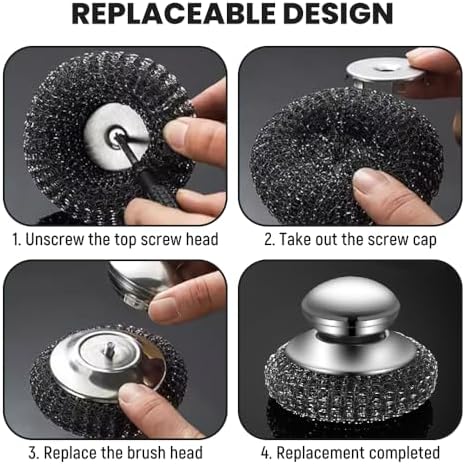 Steel Wool Scrubber with Handle, Upgrade Heavy Duty Stainless Steel Dish Scrubber for Cleaning Dishes, Iron Pots, Stoves, Kitchen Sink (3 pcs) - Image 3
