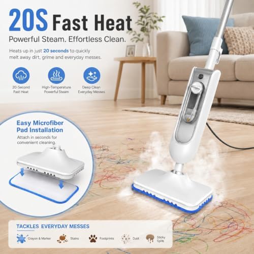 Steam Mop, 2 Level Adjustable Handle, with 4 Accessories,White - Image 3