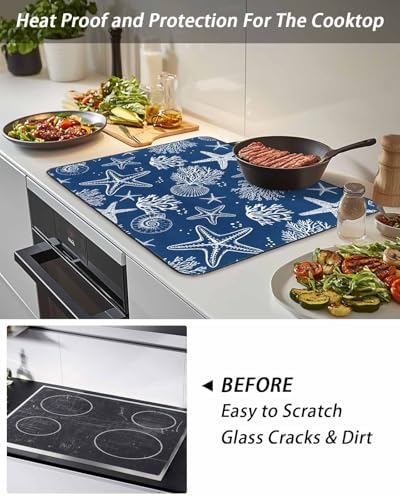 Navy Blue Coastal Stove Top Covers for Electric Stove, Summer Beach Induction Cooktop Cover Protector, Ocean Coral Starfish Conch Range Mat for Glass Top Stove, Kitchen Dish Drying Mat, 24"x21" - Image 5