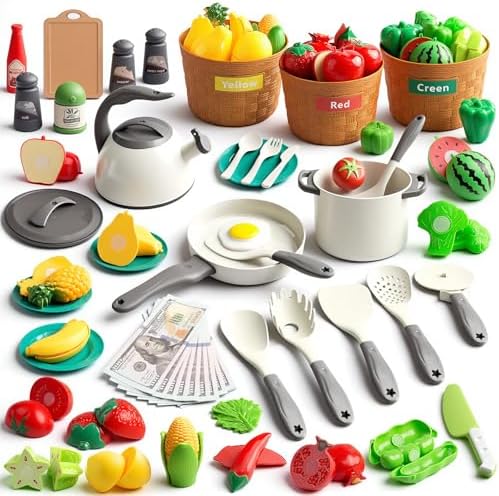 90Pcs Kitchen Playset Accessories, Pretend Cooking with Pots, Pans, Cookware, Food, Fruit, Veges, Color Sorting Baskets, Prop Money, Learning Gift for Girls Boys Toddlers (White) by JOKERKING